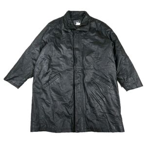 Vintage KS Black Leather Jacket Mens 4XL Long Coat Grunge 90s Streetwear Hiphop